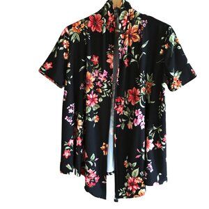 MOA Collection Open Floral Wrap Shrug Kimono Rayon Black Red Orange Flowers Sz S